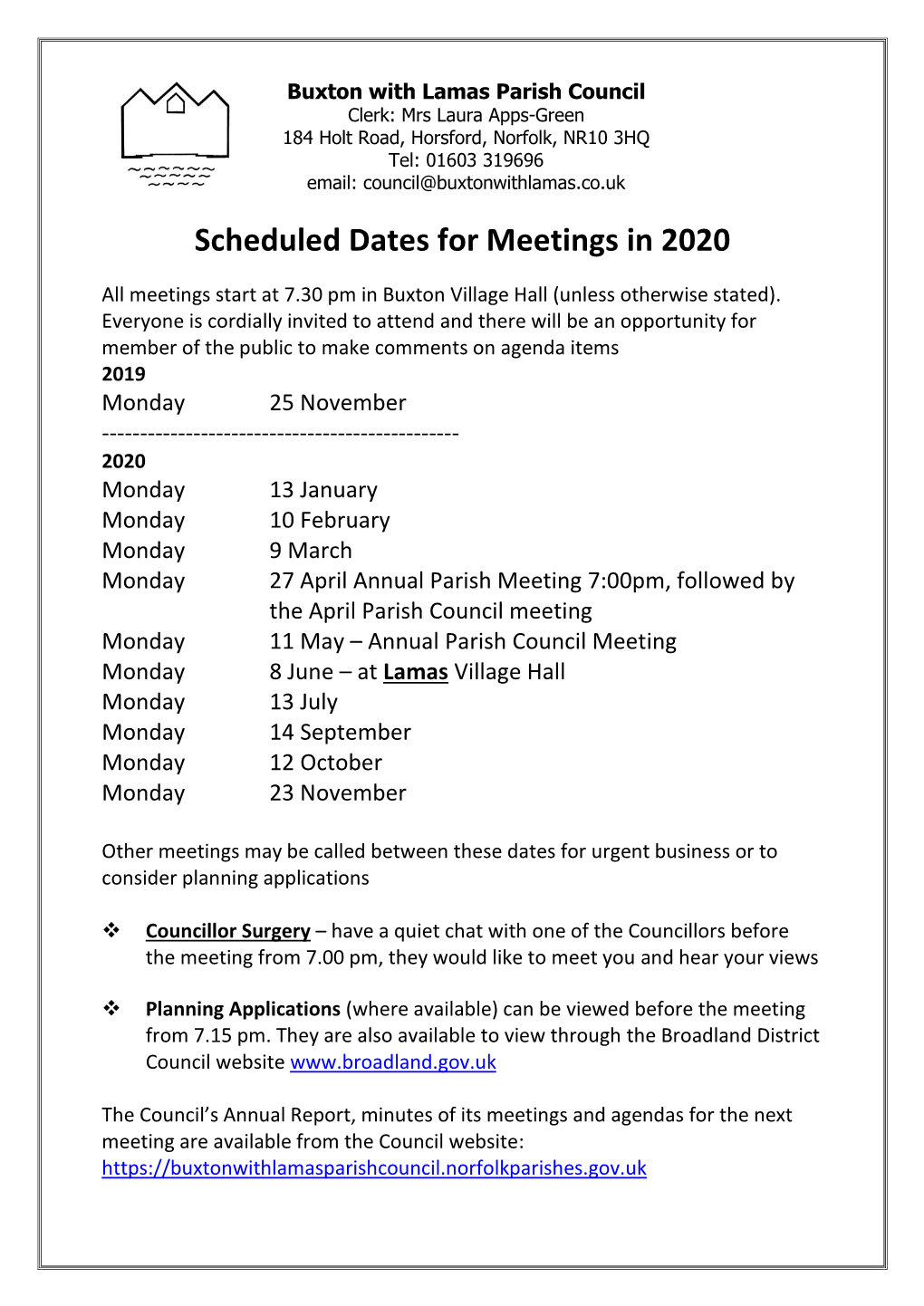 Scheduled Dates for Meetings in 2020