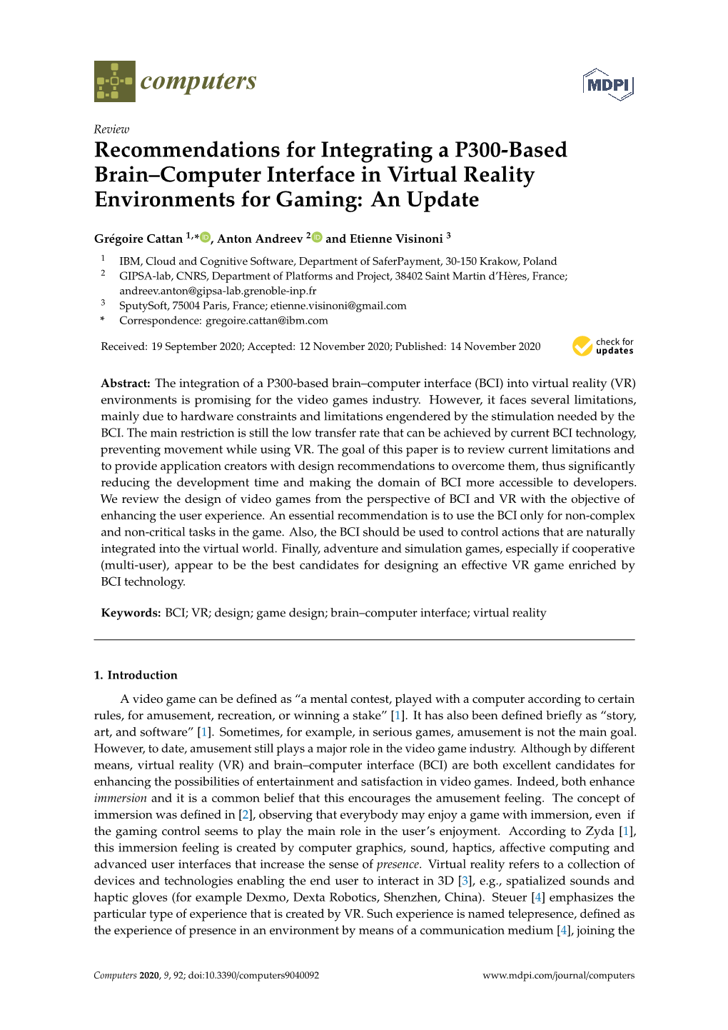 Recommendations for Integrating a P300-Based Brain–Computer Interface in Virtual Reality Environments for Gaming: an Update