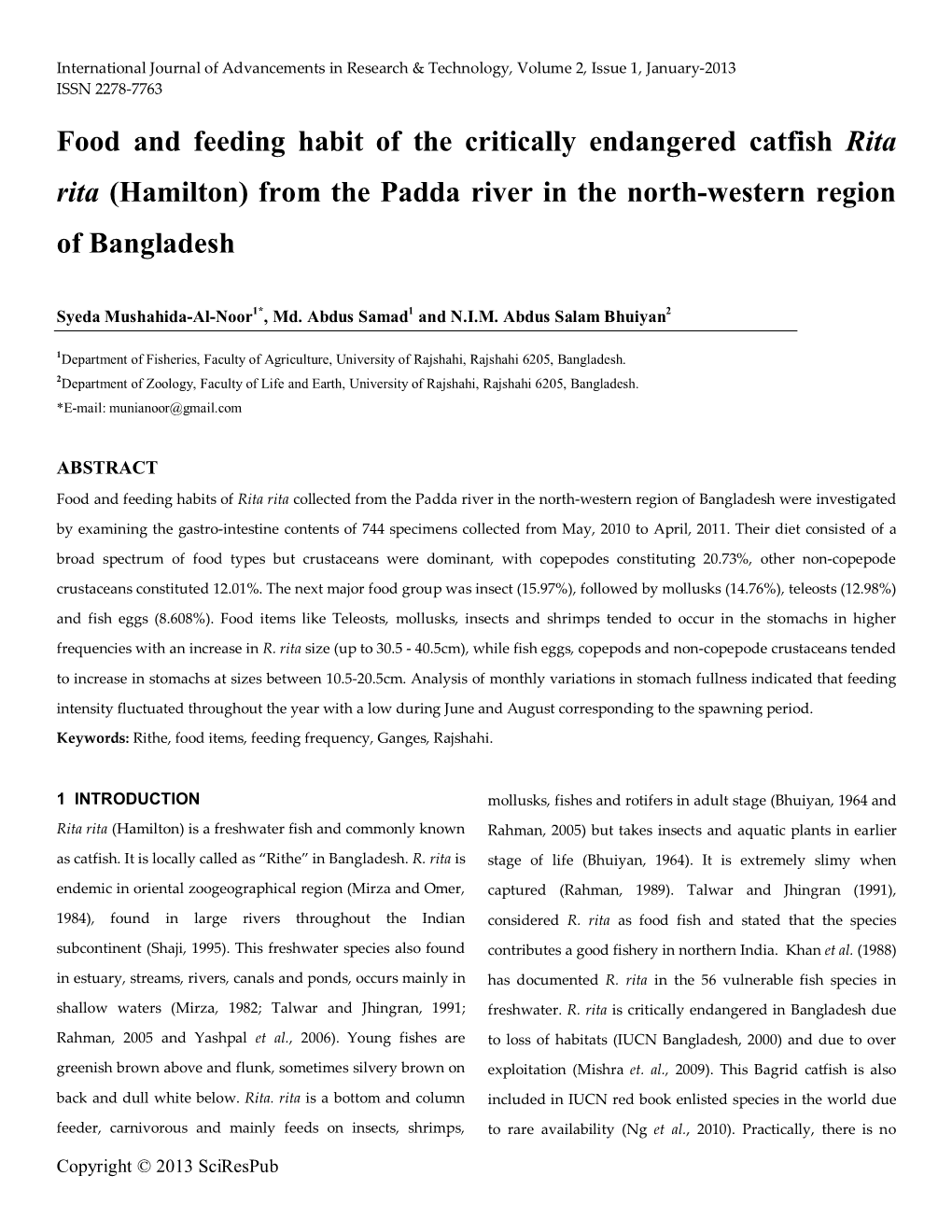 Food and Feeding Habit of the Critically Endangered Catfish Rita Rita (Hamilton) from the Padda River in the North-Western Region of Bangladesh