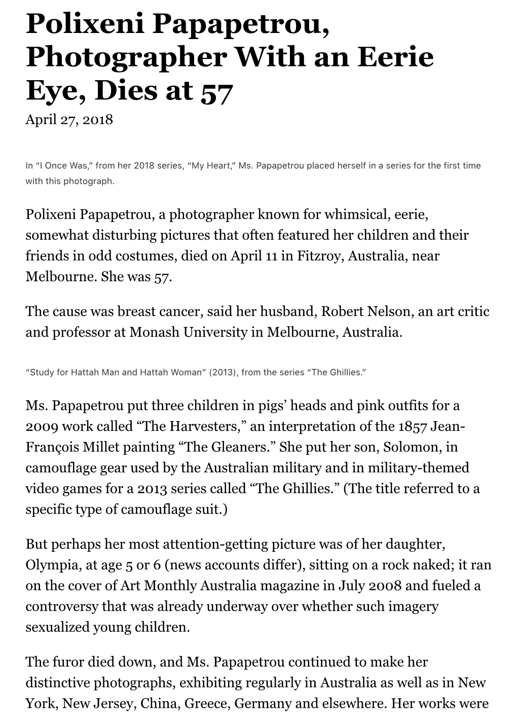 Polixeni Papapetrou, Photographer with an Eerie Eye, Dies at 57 April 27, 2018