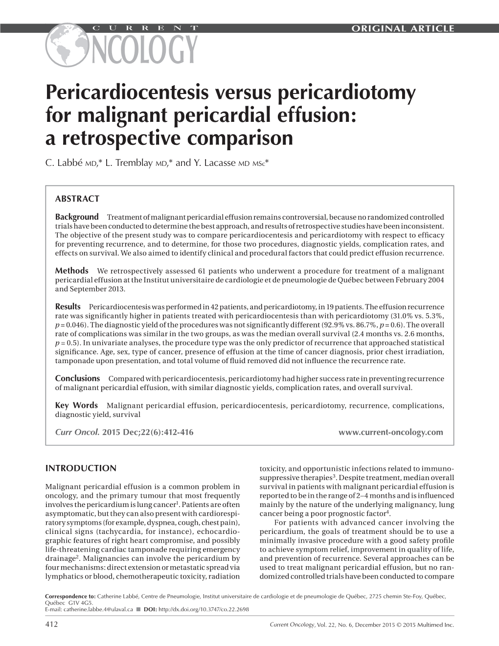 Pericardiocentesis Versus Pericardiotomy for Malignant Pericardial Effusion: a Retrospective Comparison