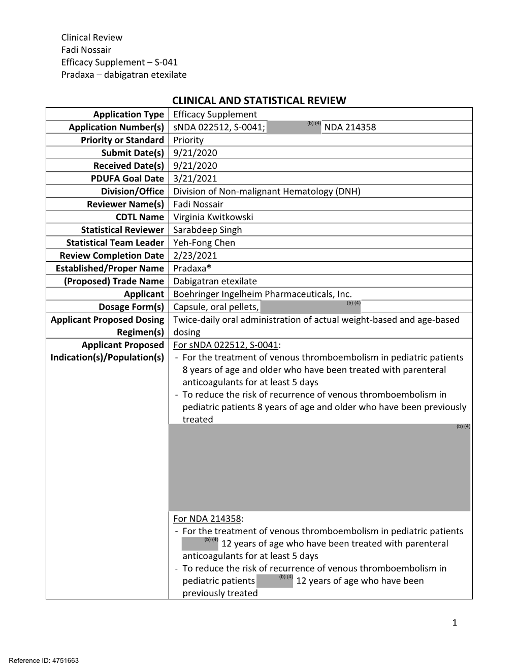 Clinical Review Fadi Nossair Efficacy Supplement – S-041 Pradaxa – Dabigatran Etexilate