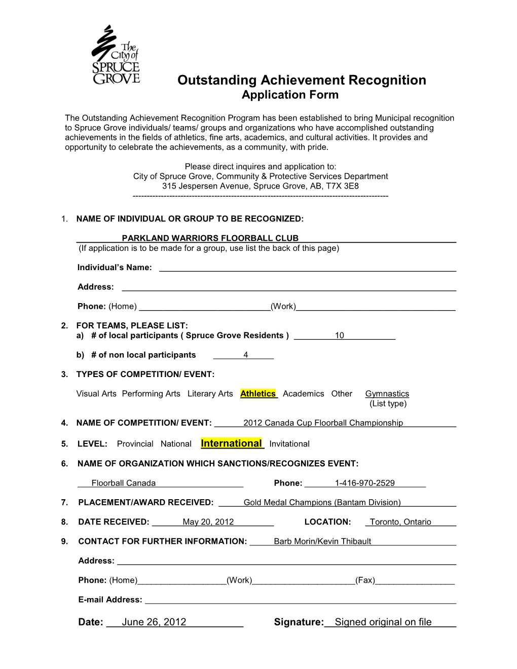 Outstanding Achievement Recognition Application Form