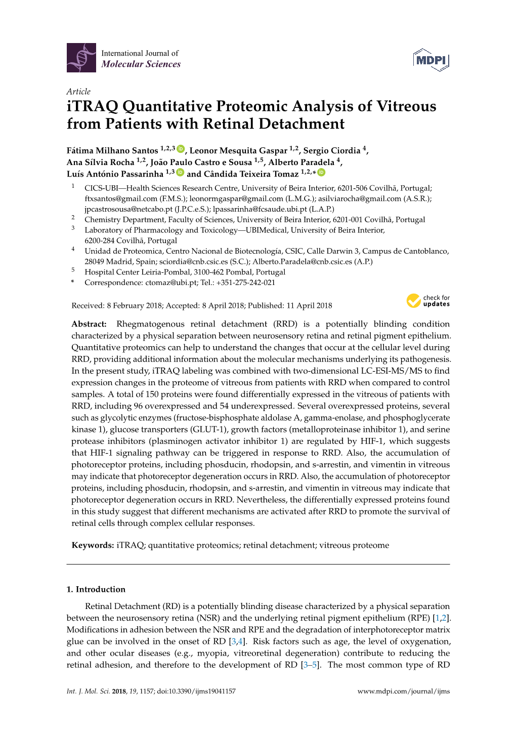 Itraq Quantitative Proteomic Analysis of Vitreous from Patients with Retinal Detachment