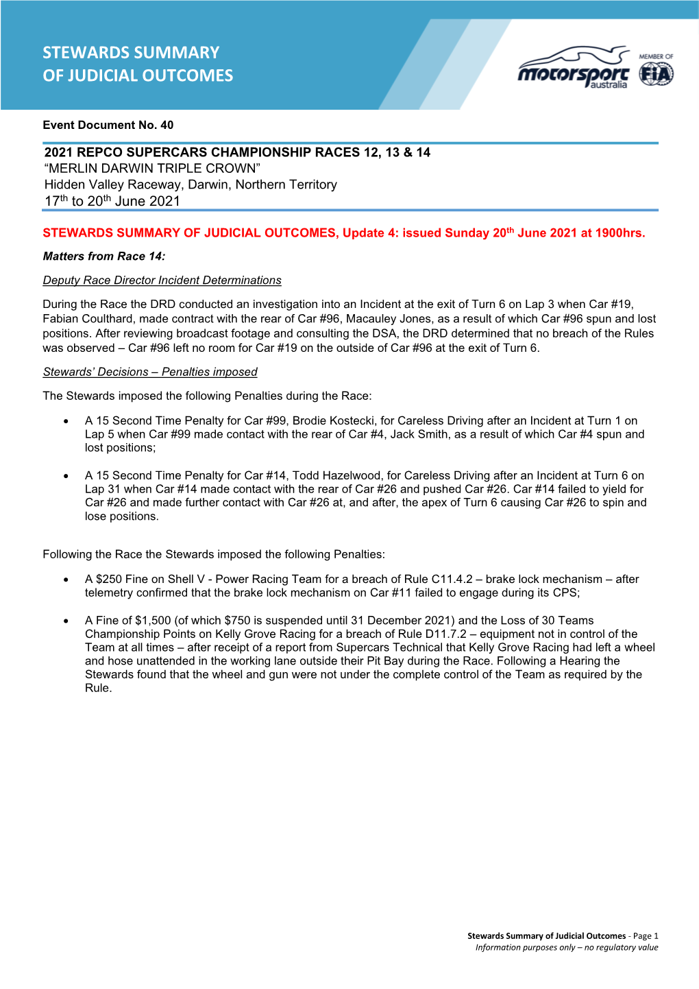 Stewards Summary of Judicial Outcomes