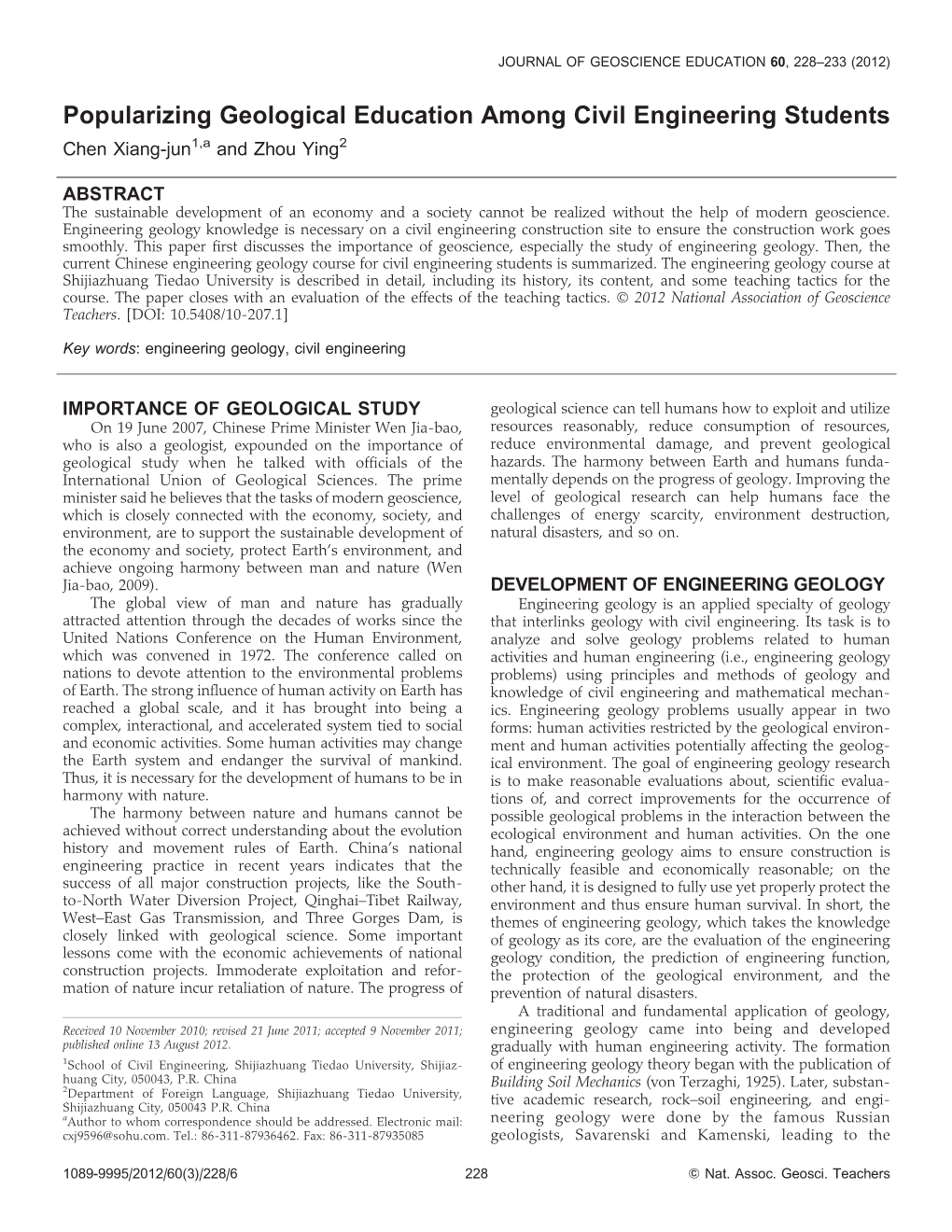 Popularizing Geological Education Among Civil Engineering Students Chen Xiang-Jun1,A and Zhou Ying2