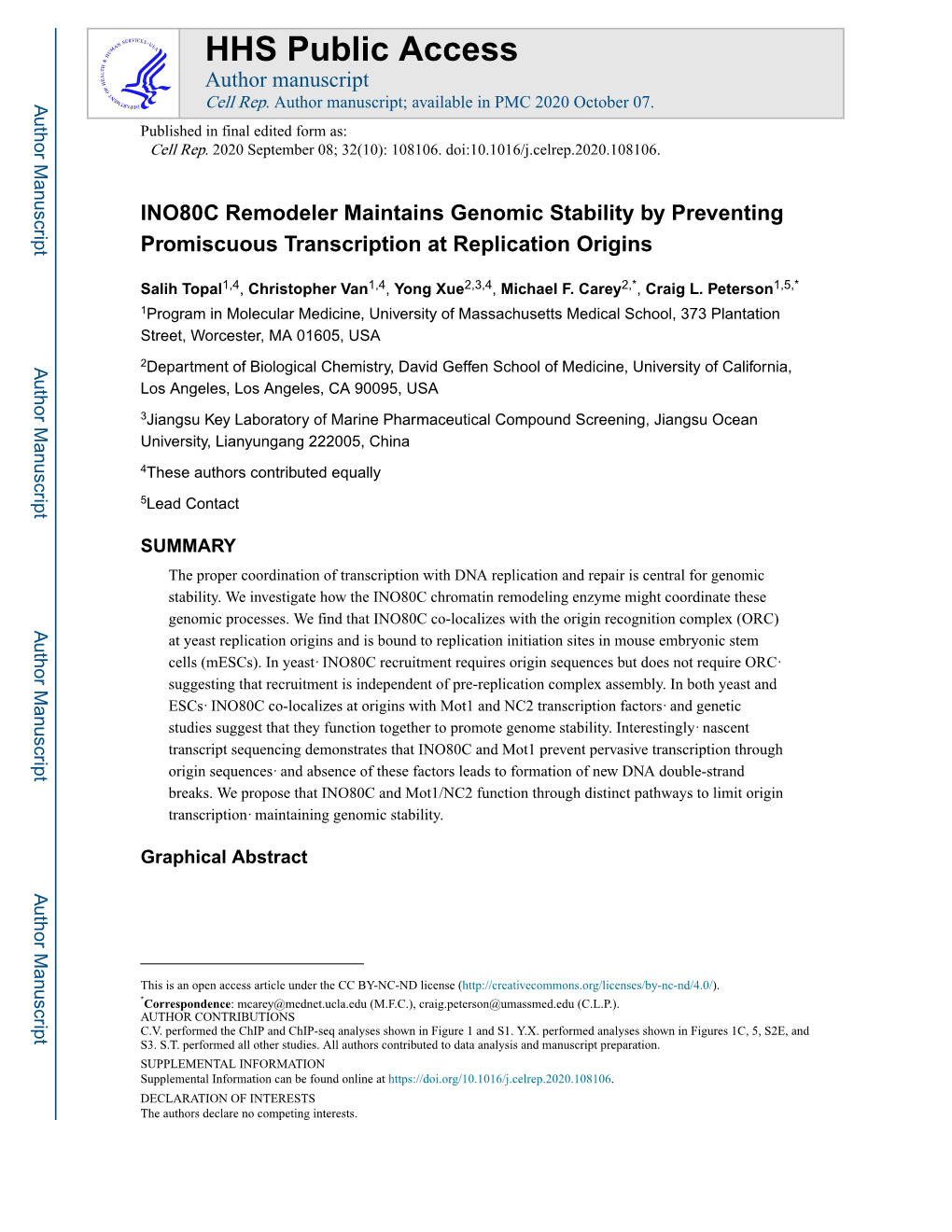 INO80C Remodeler Maintains Genomic Stability by Preventing Promiscuous Transcription at Replication Origins