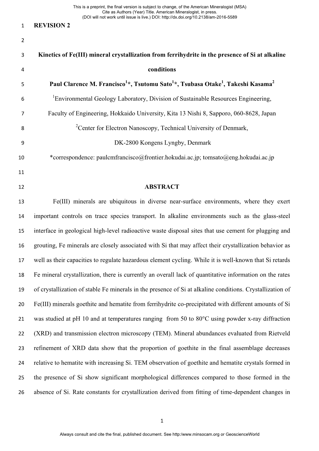 REVISION 2 Kinetics of Fe(III) Mineral Crystallization from Ferrihydrite in The