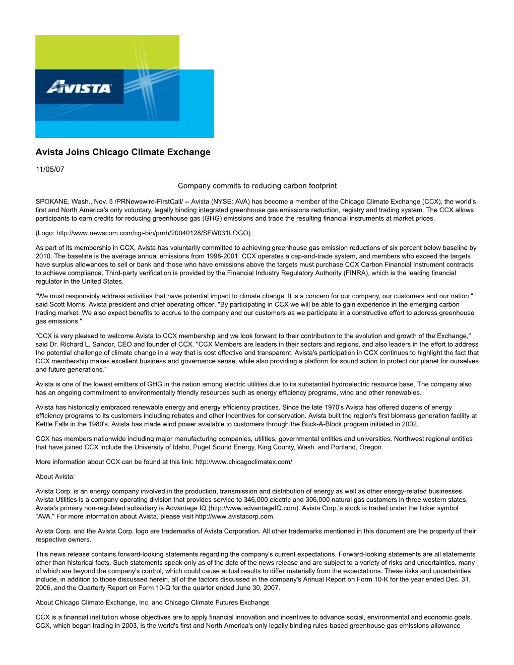 Avista Joins Chicago Climate Exchange