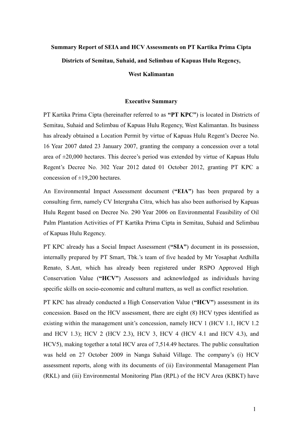 1 Summary Report of SEIA and HCV Assessments on PT Kartika Prima