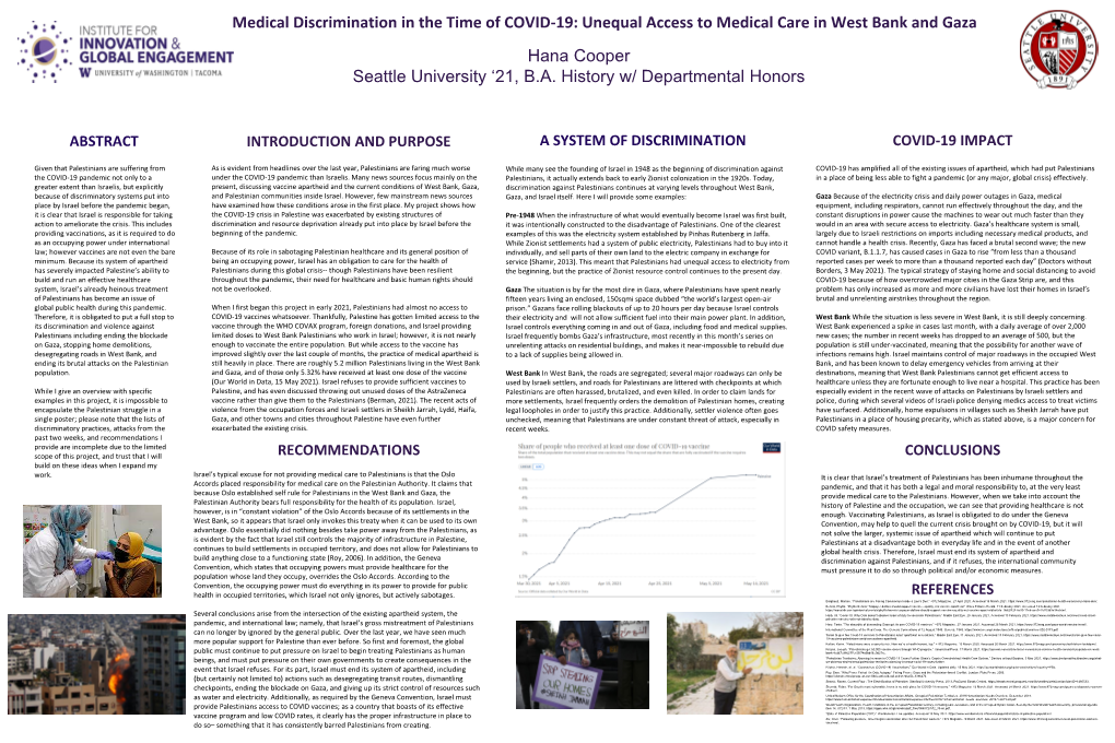 Medical Discrimination in the Time of COVID-19: Unequal Access to Medical Care in West Bank and Gaza Hana Cooper Seattle University ‘21, B.A