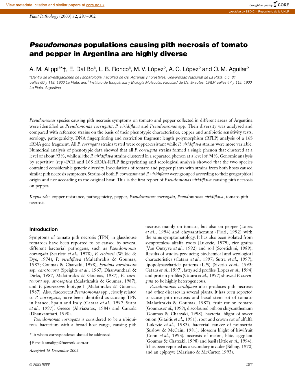 Pseudomonas Populations Causing Pith Necrosis of Tomato and Pepper in Argentina Are Highly Diverse