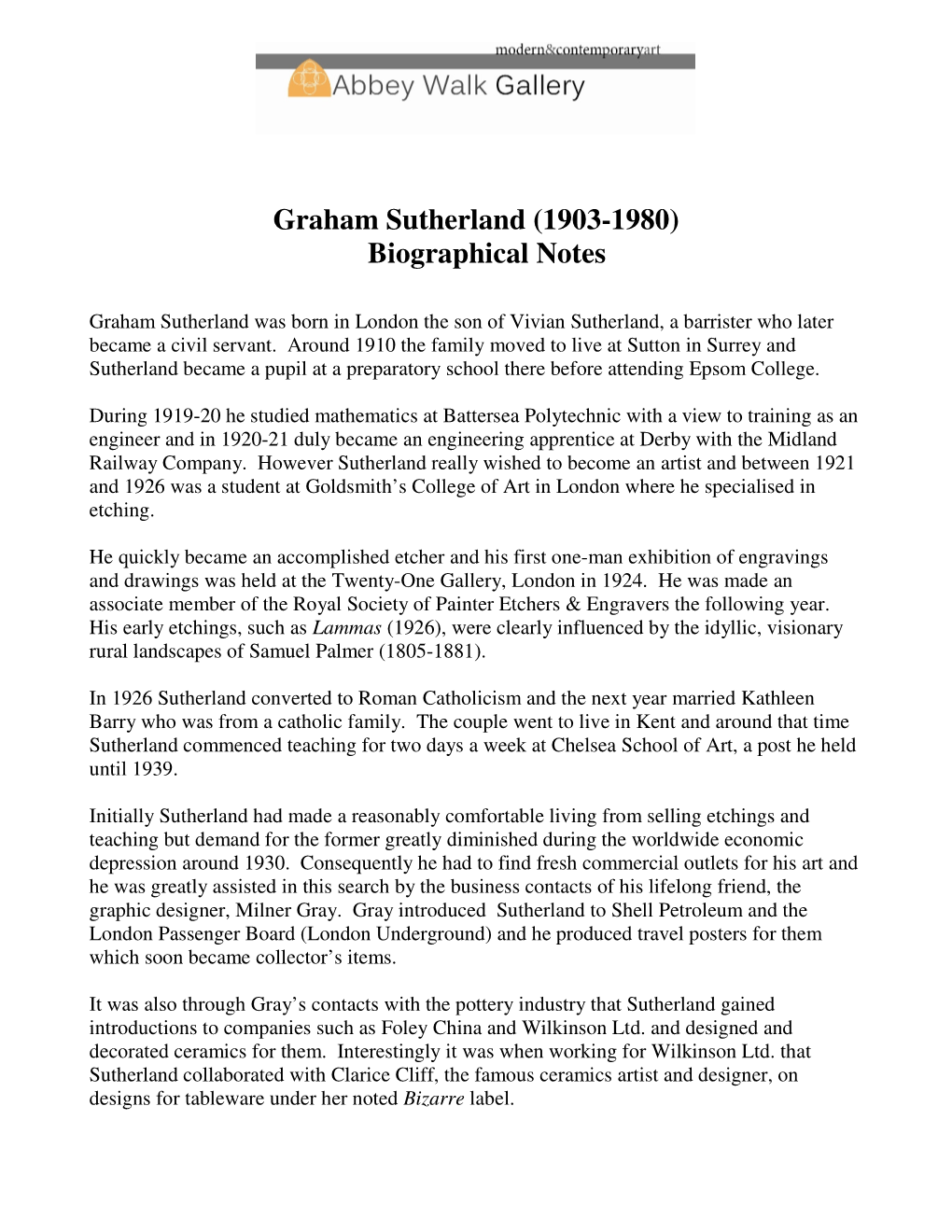 Graham Sutherland (1903-1980) Biographical Notes