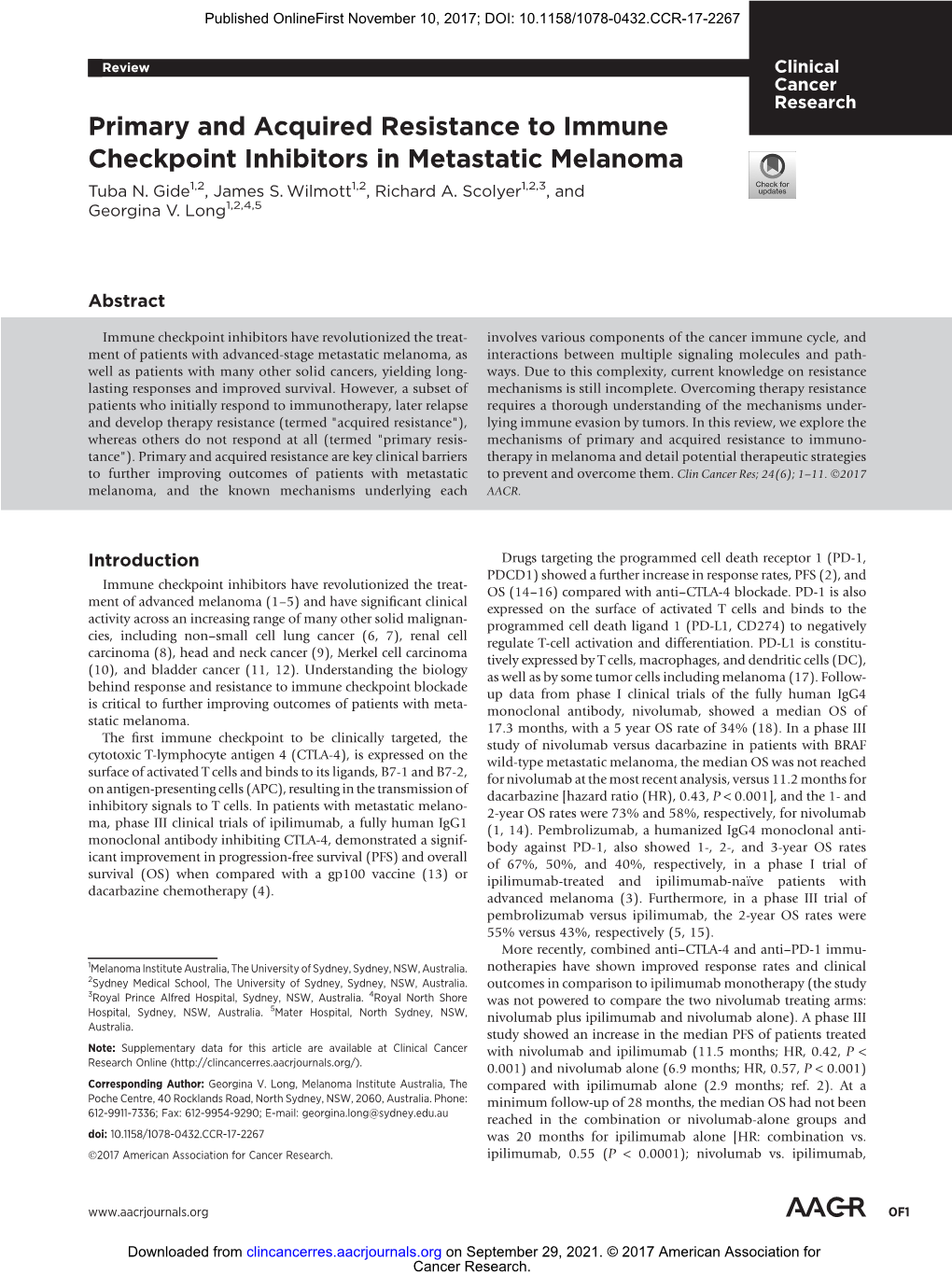 Primary and Acquired Resistance to Immune Checkpoint Inhibitors in Metastatic Melanoma Tuba N