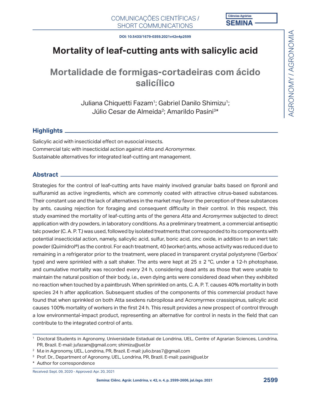 Mortality of Leaf-Cutting Ants with Salicylic Acid Mortalidade De