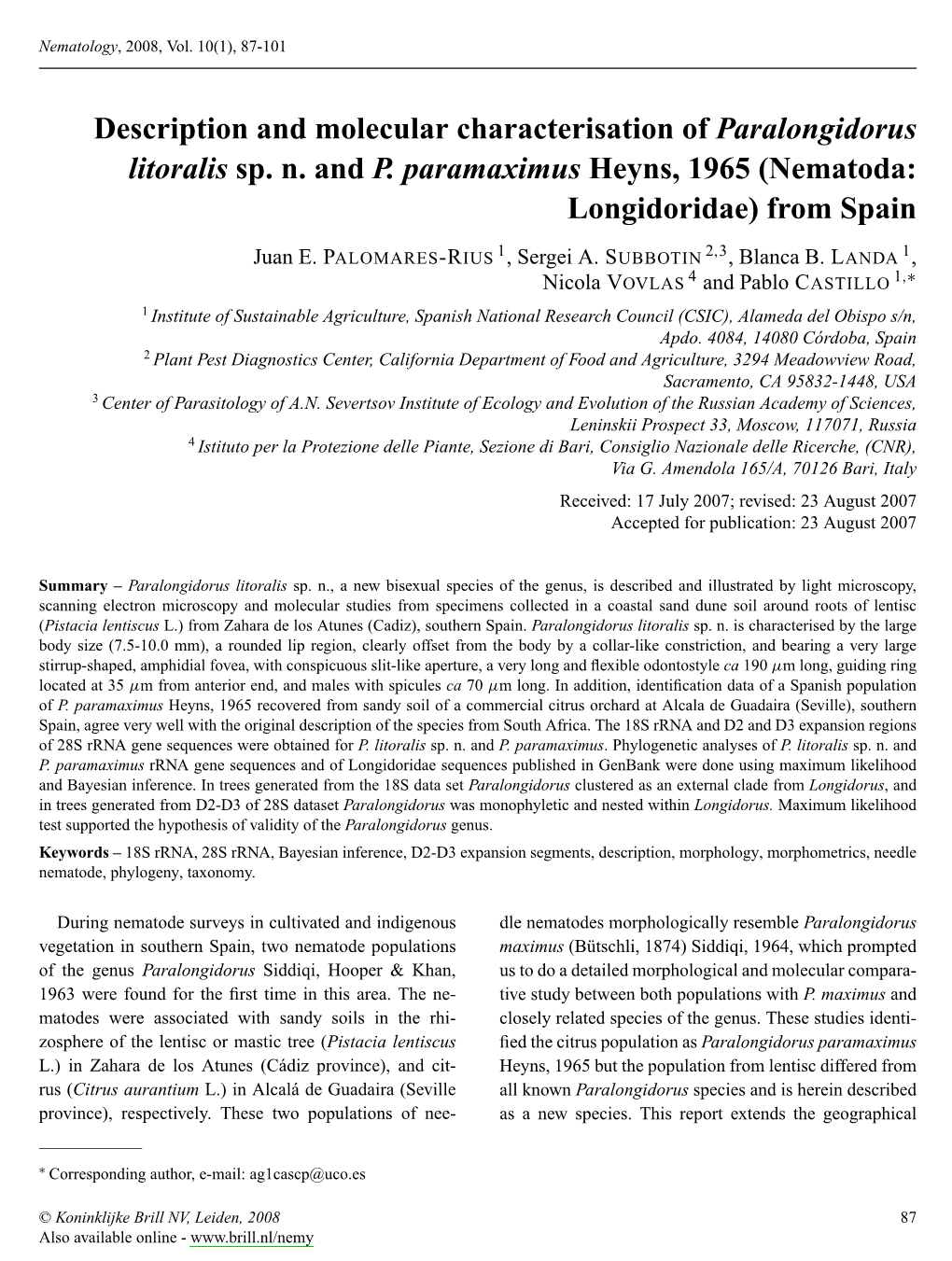 Description and Molecular Characterisation of Paralongidorus Litoralis Sp.N.Andp