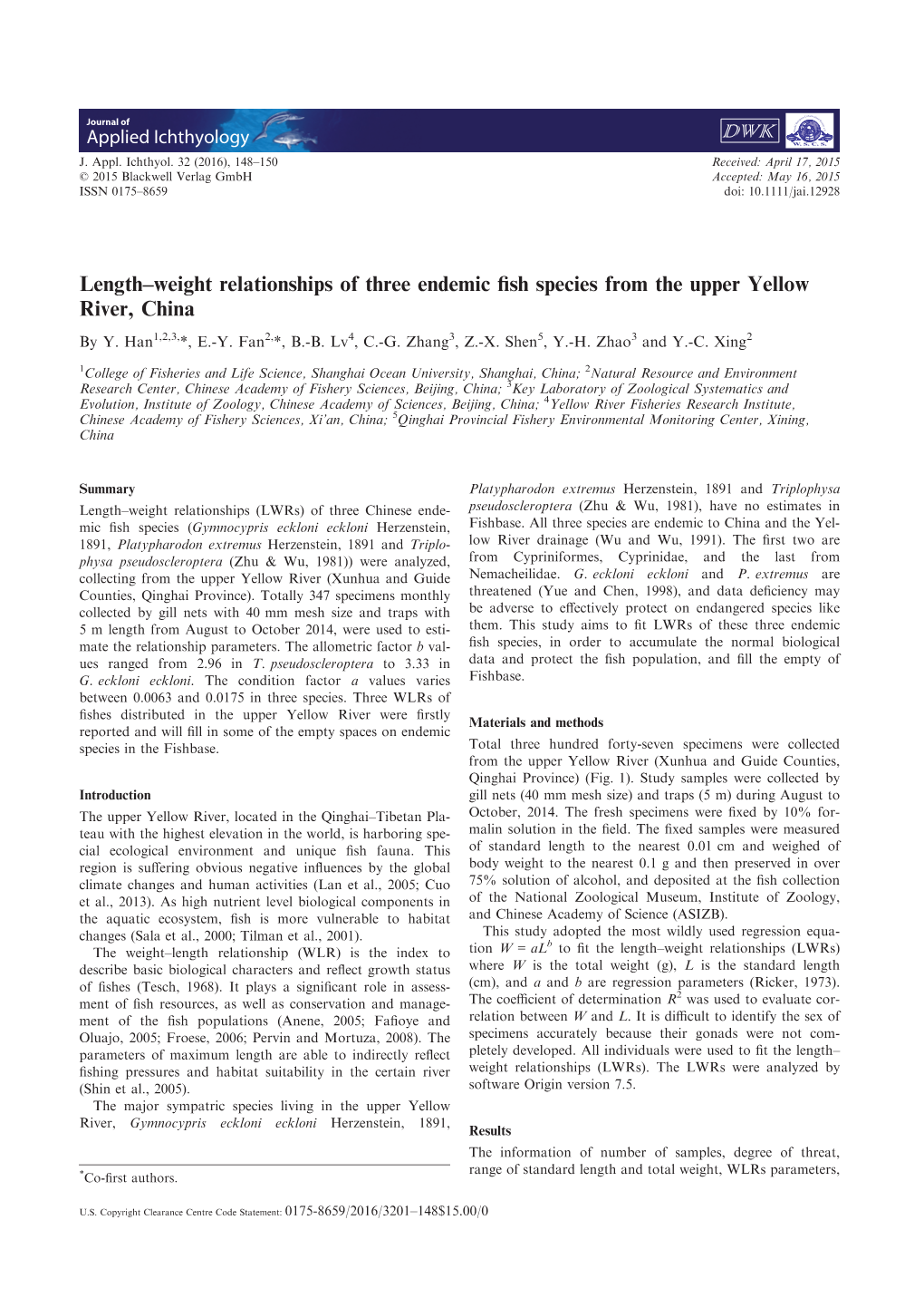 Weight Relationships of Three Endemic Fish Species from the Upper Yellow