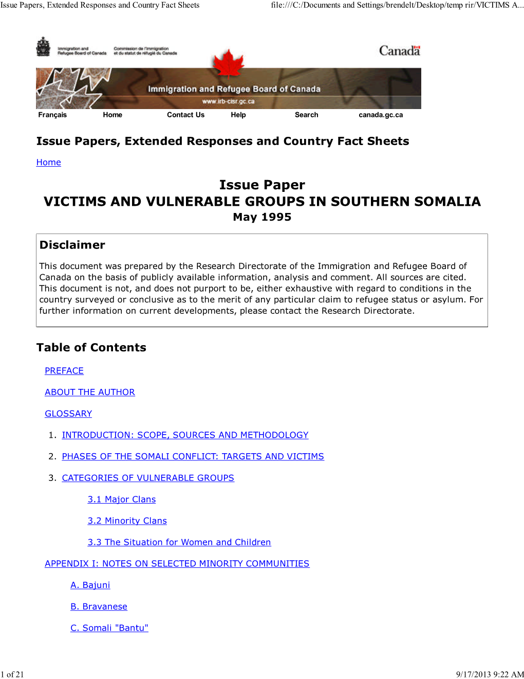 Issue Paper VICTIMS and VULNERABLE GROUPS in SOUTHERN SOMALIA May 1995