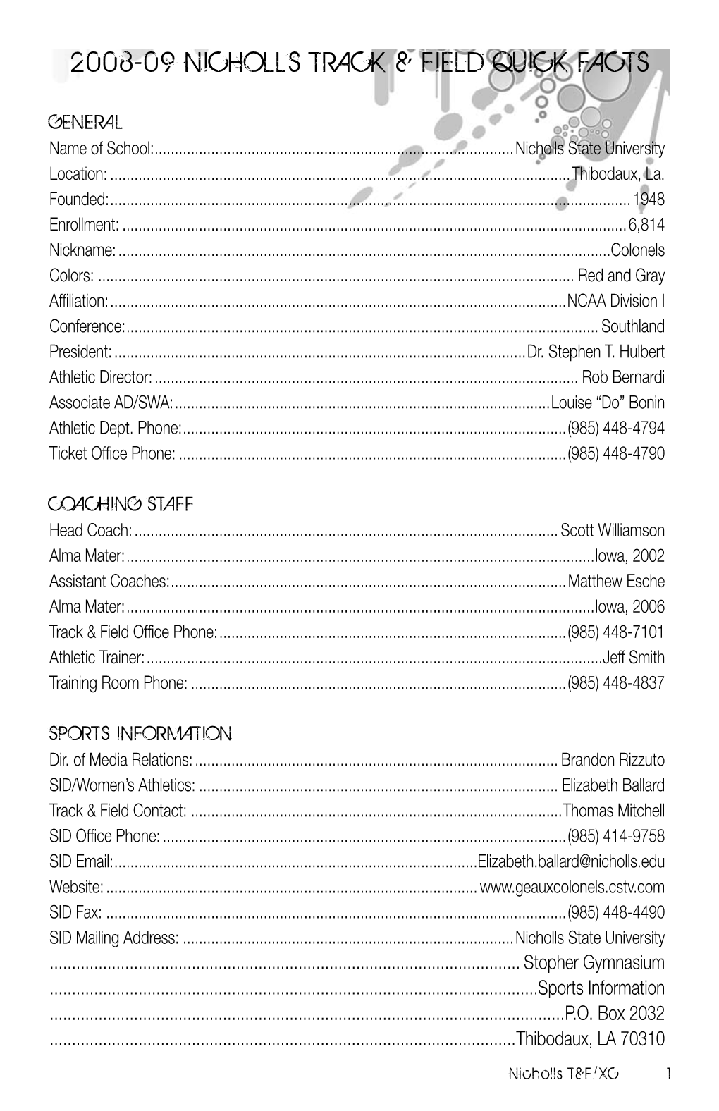 2008-09 Nicholls Track & Field Quick Facts