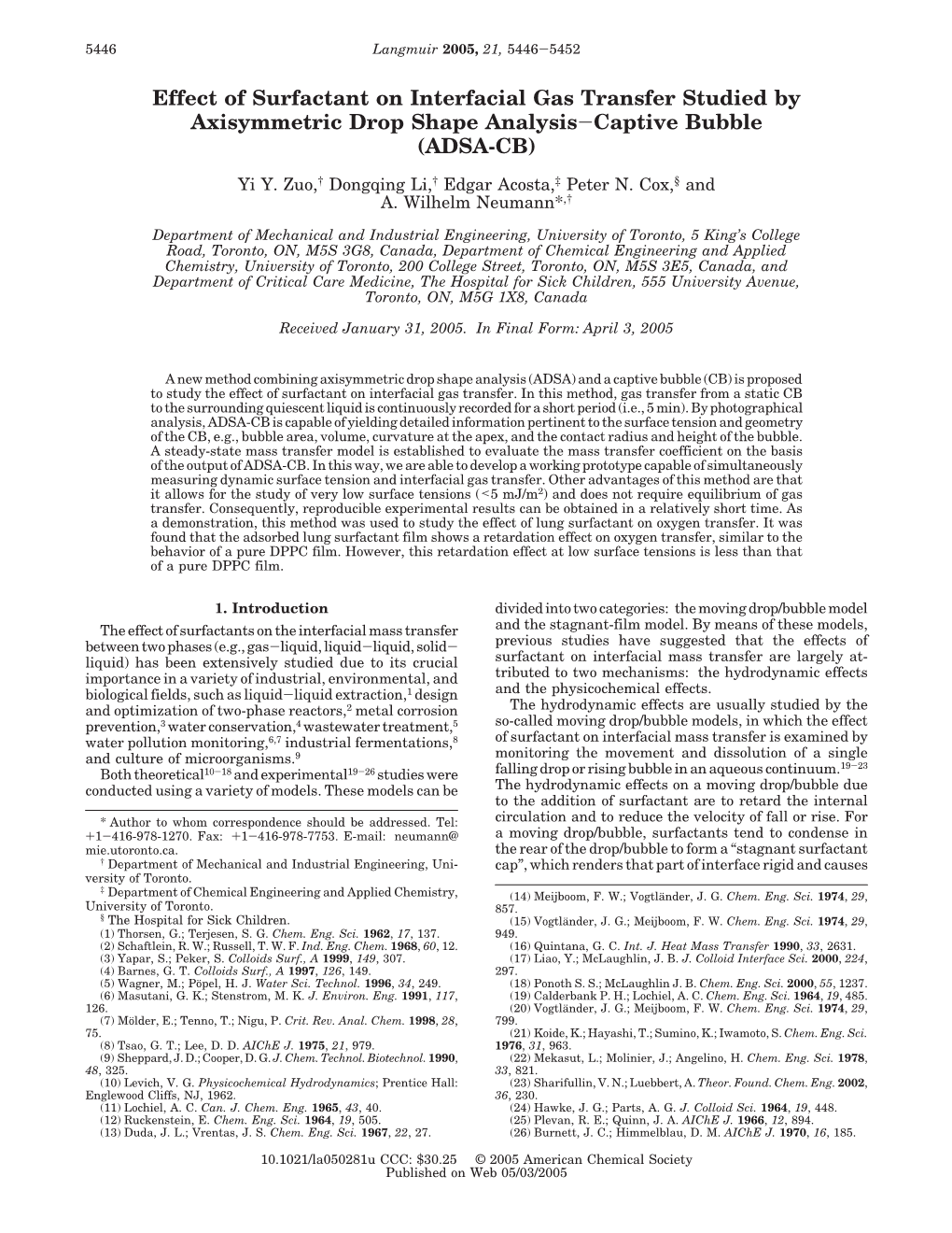 Effect of Surfactant on Interfacial Gas Transfer Studied by Axisymmetric Drop Shape Analysis-Captive Bubble (ADSA-CB)