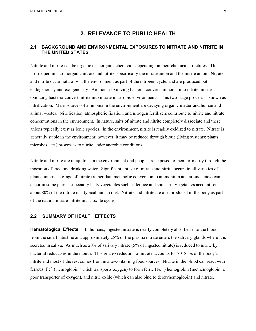 Toxicological Profile for Nitrate and Nitrite