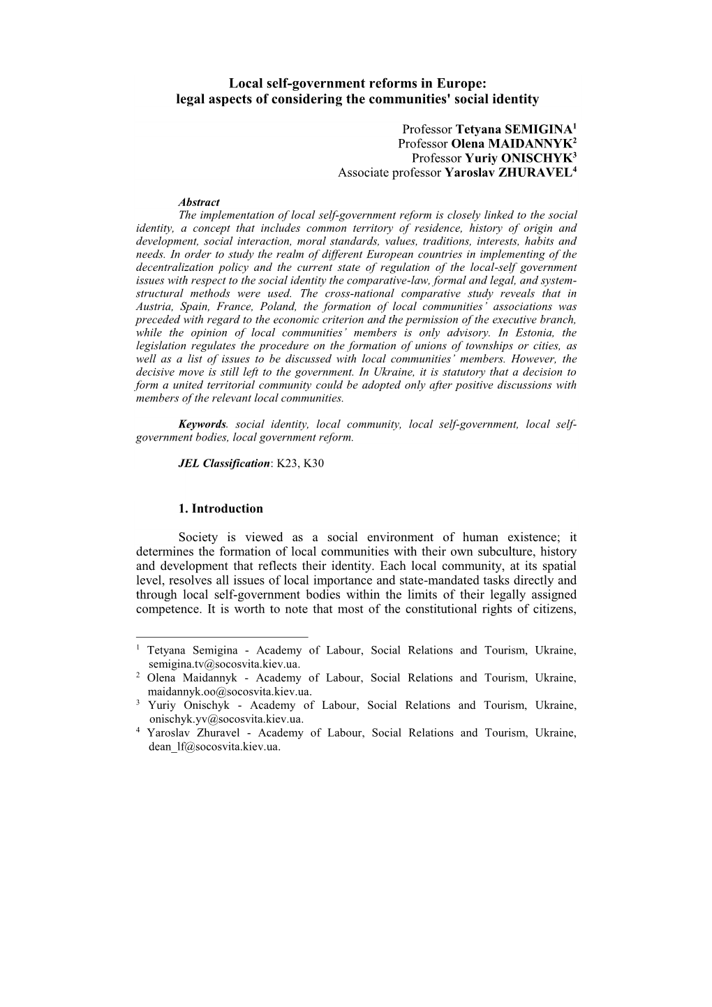 Local Self-Government Reforms in Europe: Legal Aspects of Considering the Communities' Social Identity