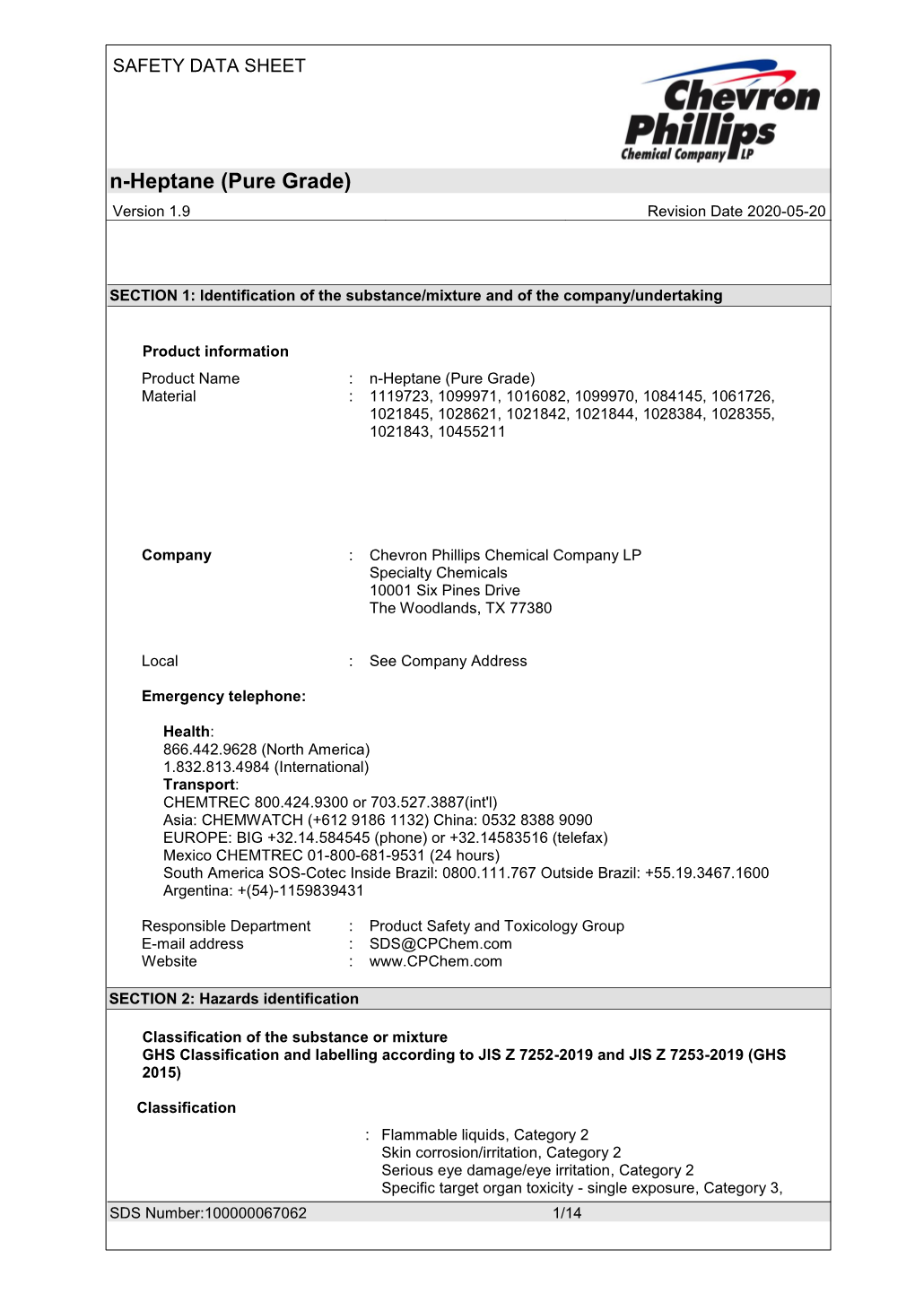 N-Heptane (Pure Grade) Version 1.9 Revision Date 2020-05-20