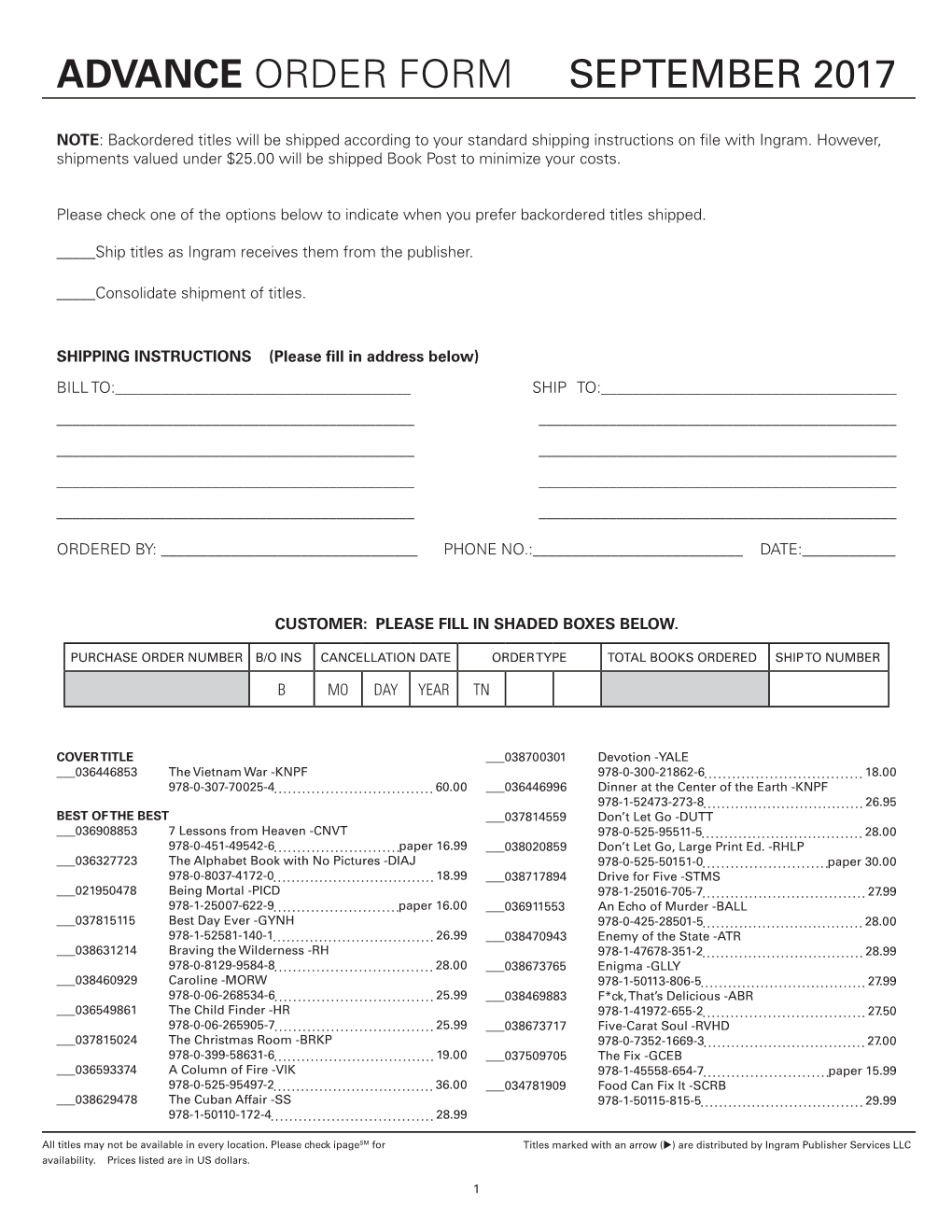 Advance Order Form September 2017