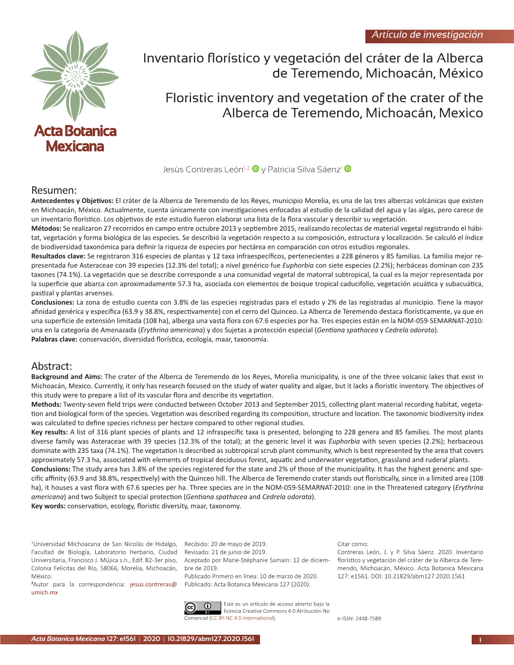 Inventario Florístico Y Vegetación Del Cráter De La Alberca De Teremendo