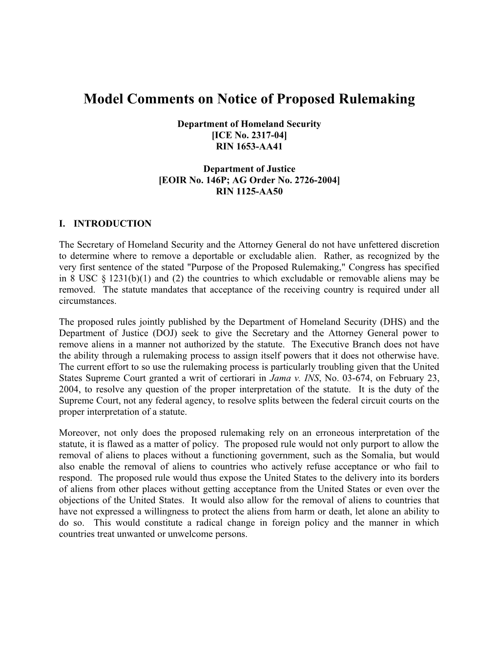 Model Comments on Notice of Proposed Rulemaking