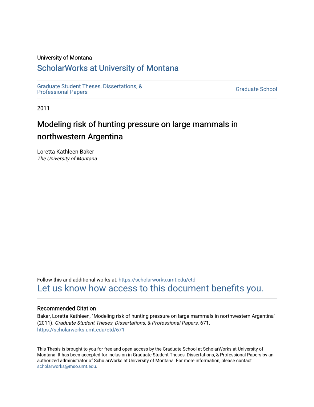 Modeling Risk of Hunting Pressure on Large Mammals in Northwestern Argentina