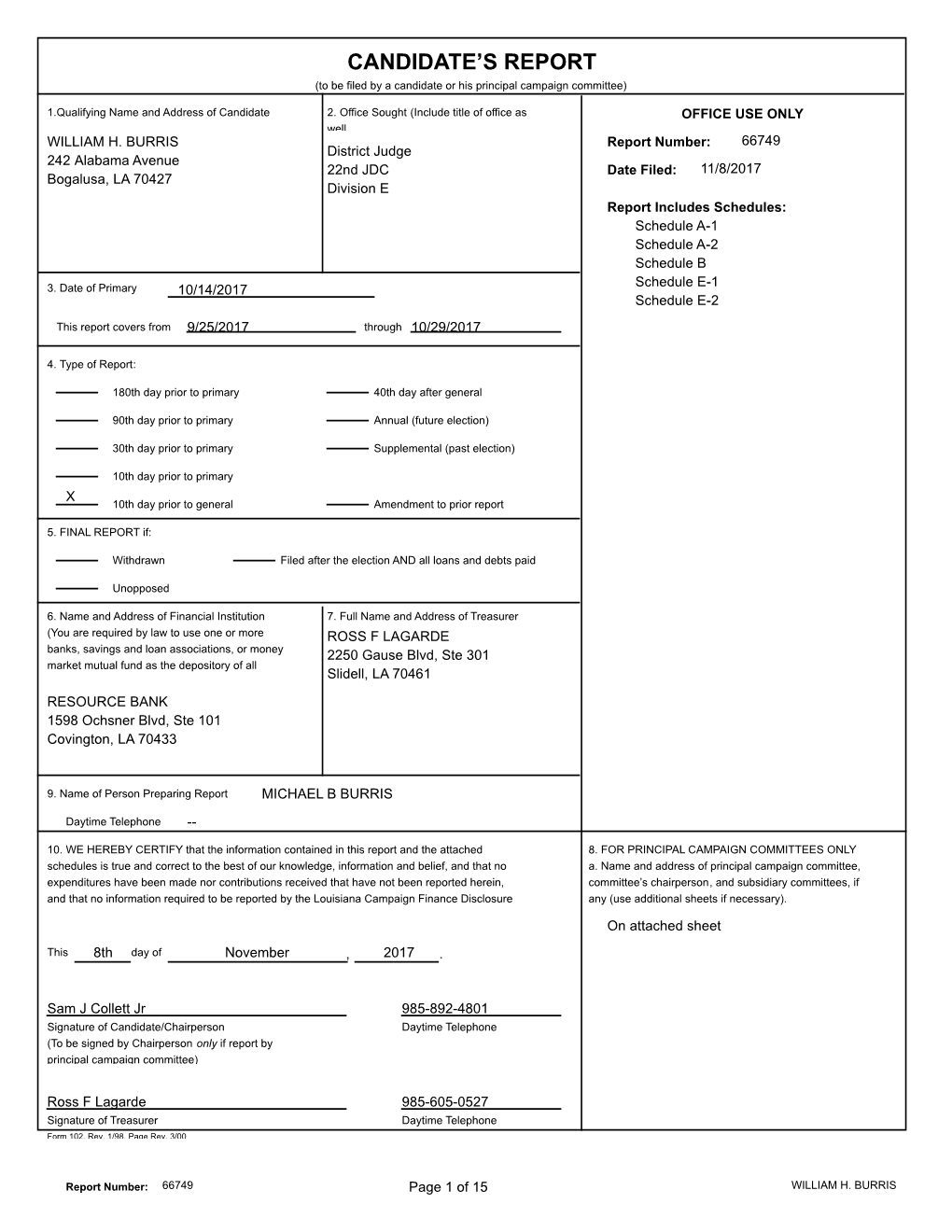 Candidate's Report