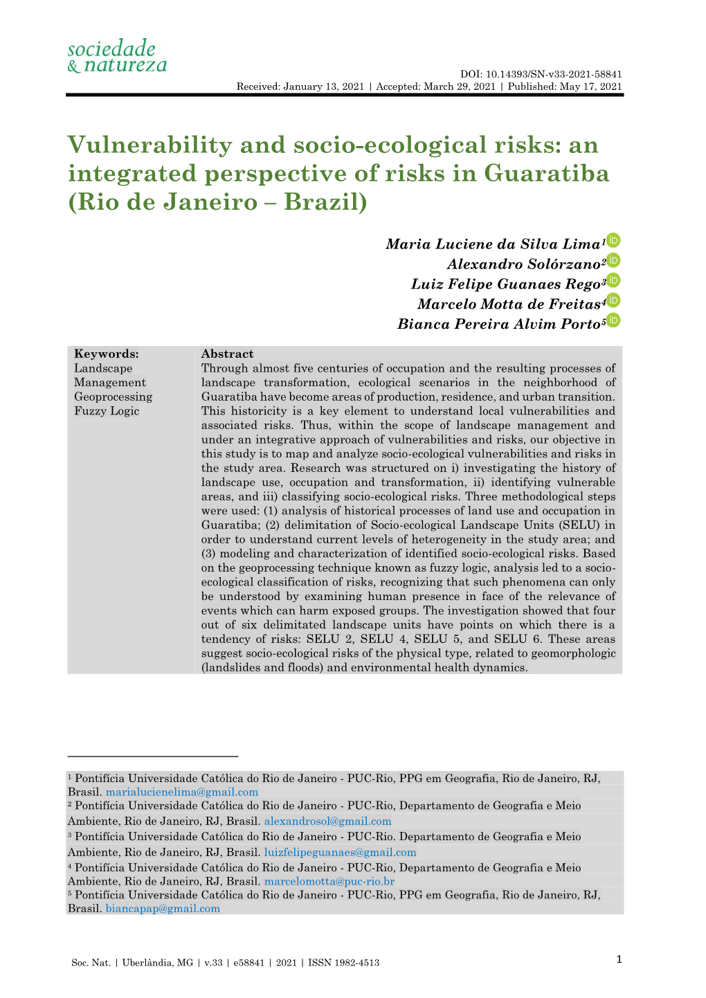 Vulnerability and Socio-Ecological Risks: an Integrated Perspective of Risks in Guaratiba (Rio De Janeiro – Brazil)