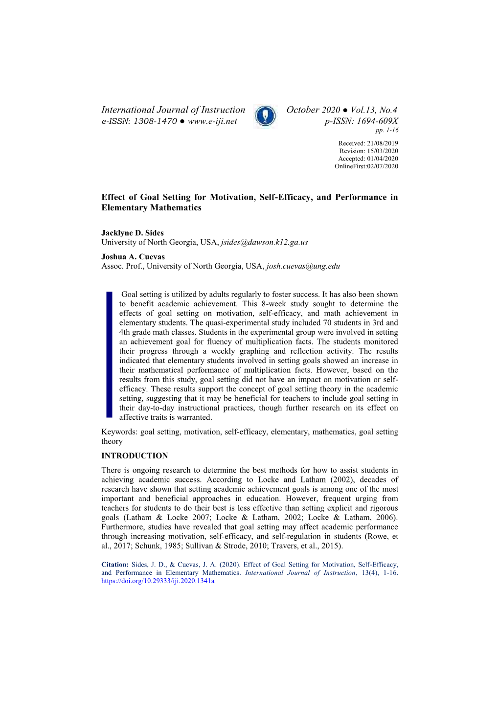 Effect of Goal Setting for Motivation, Self-Efficacy, and Performance in Elementary Mathematics