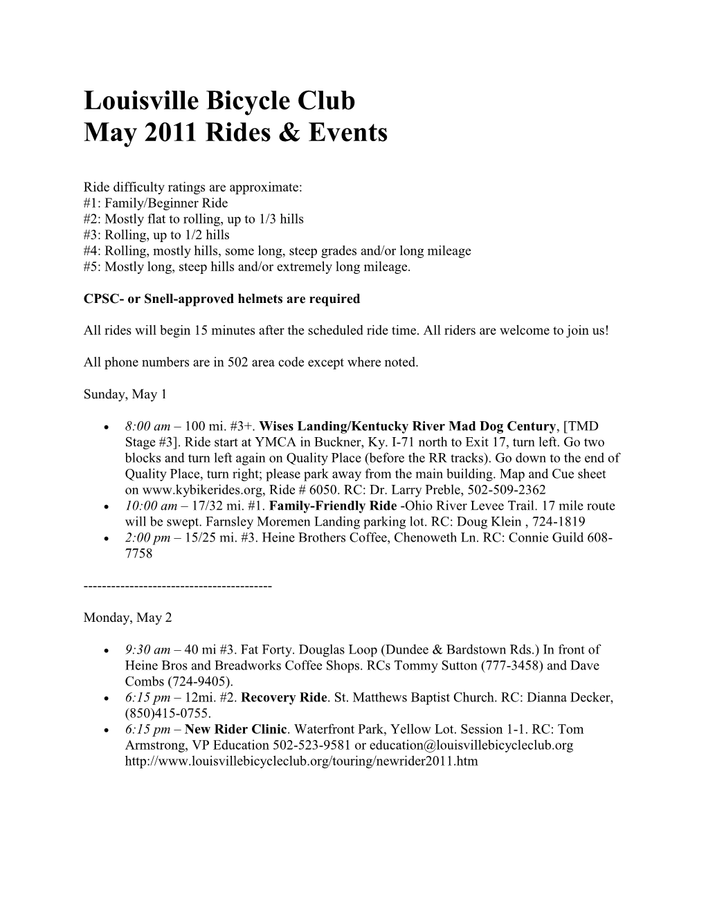 Louisville Bicycle Club May 2011 Rides & Events