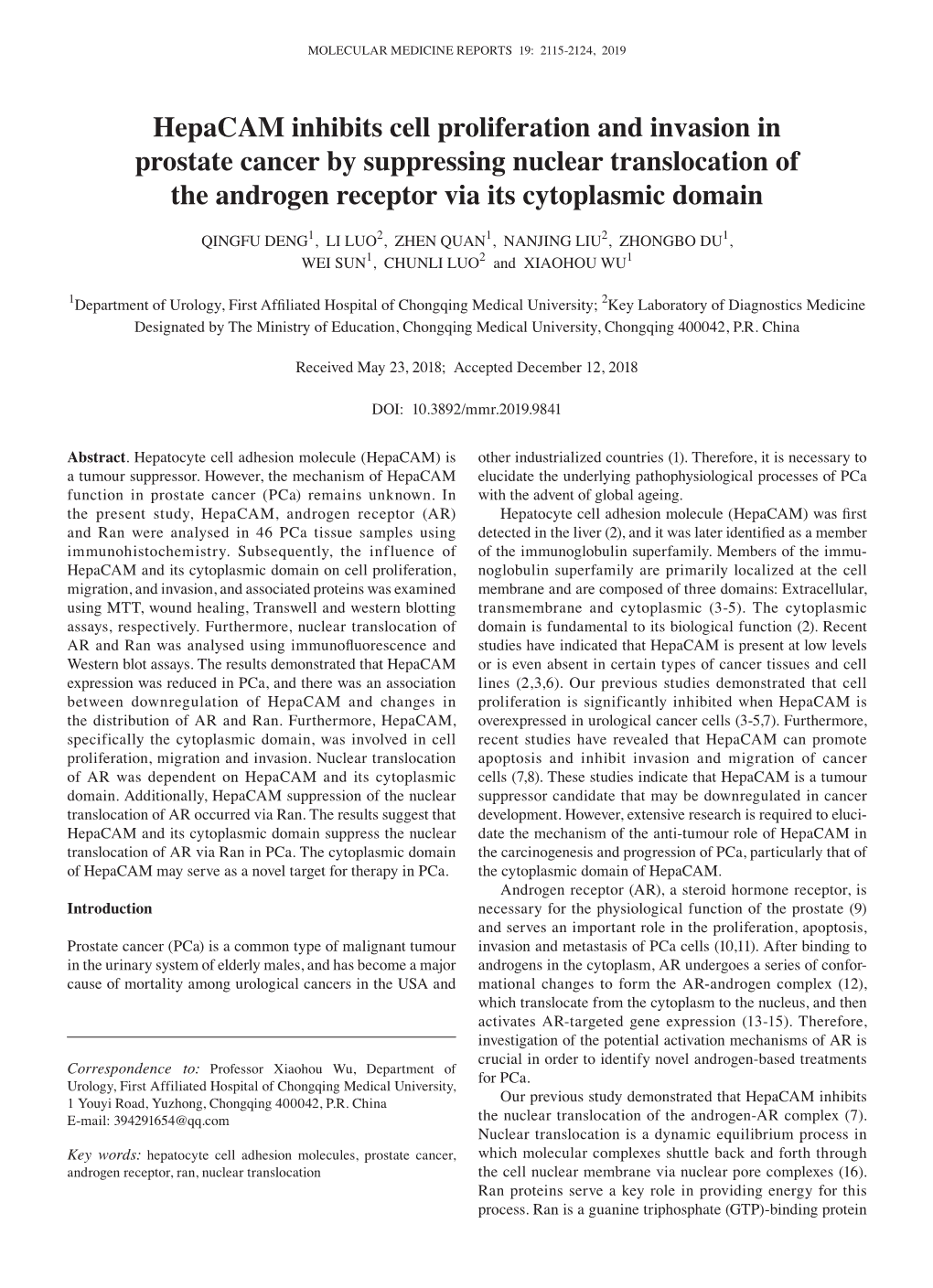 Hepacam Inhibits Cell Proliferation and Invasion in Prostate Cancer by Suppressing Nuclear Translocation of the Androgen Receptor Via Its Cytoplasmic Domain