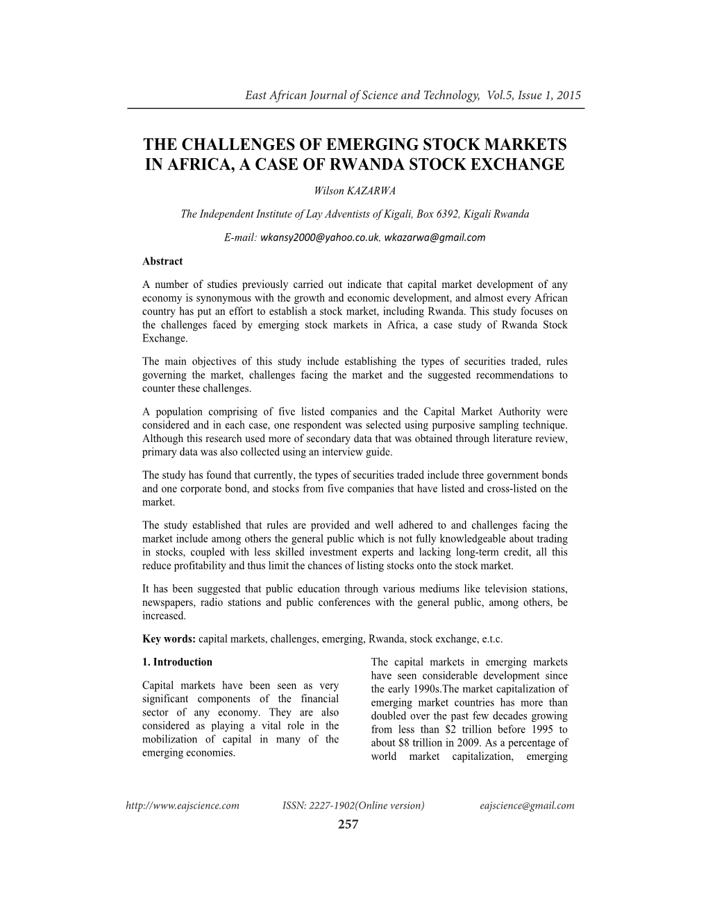 The Challenges of Emerging Stock Markets in Africa, a Case of Rwanda