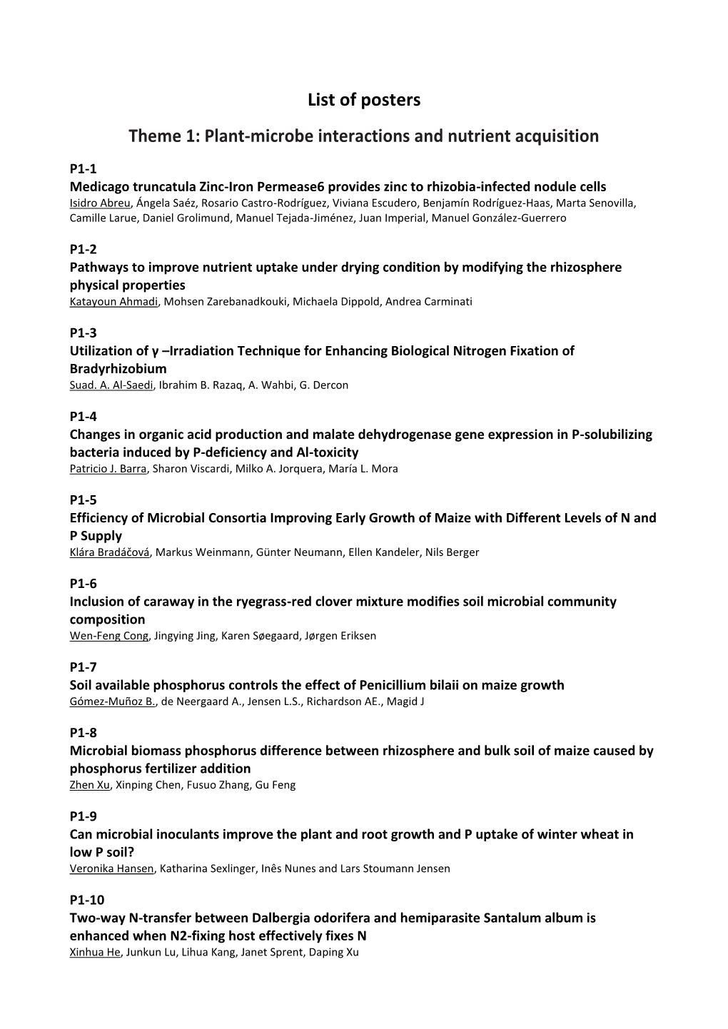 List of Posters Theme 1: Plant-Microbe Interactions and Nutrient Acquisition