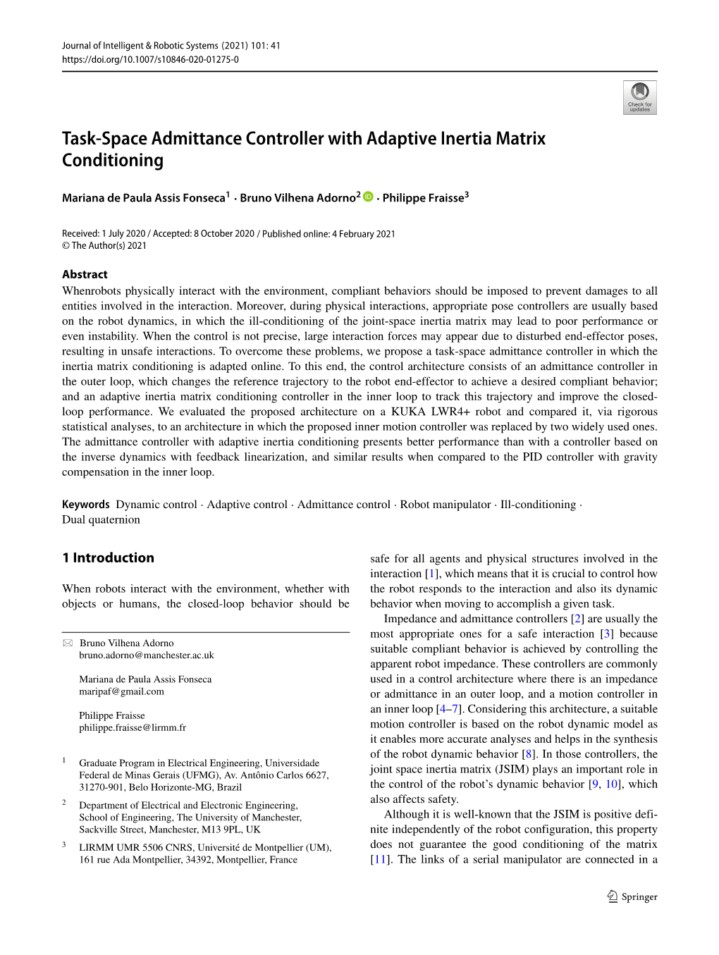 Task-Space Admittance Controller with Adaptive Inertia Matrix Conditioning