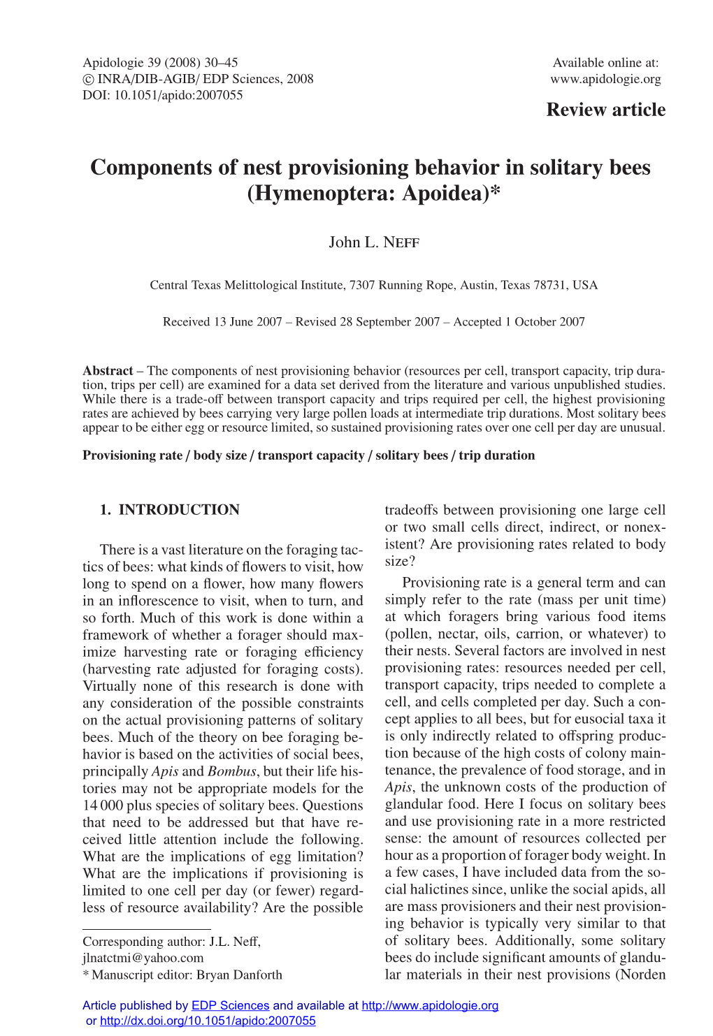 Components of Nest Provisioning Behavior in Solitary Bees (Hymenoptera: Apoidea)*