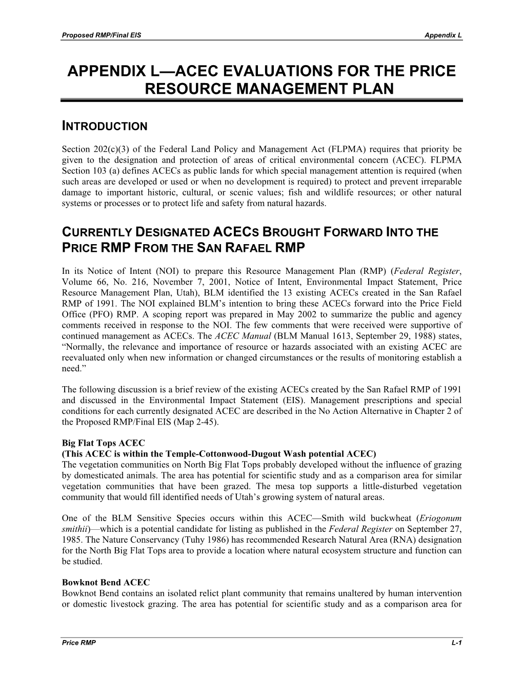 Appendix L—Acec Evaluations for the Price Resource Management Plan