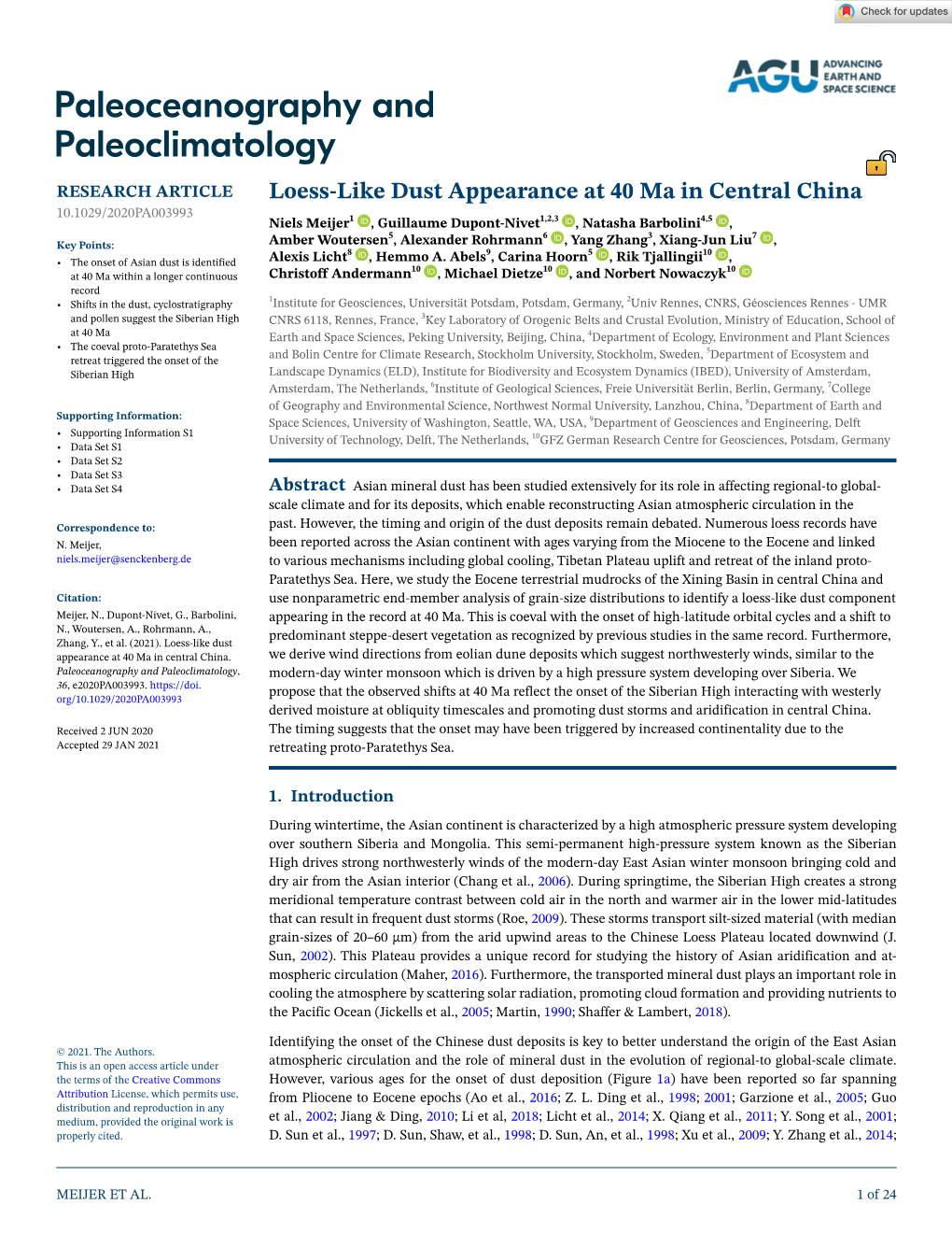 Loess‐Like Dust Appearance at 40 Ma in Central China