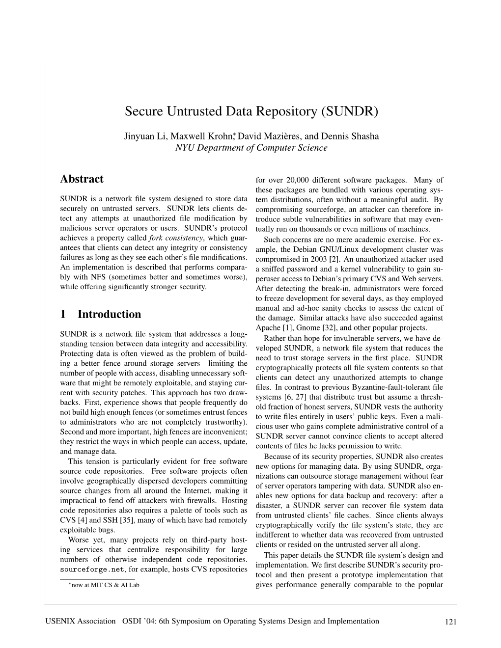 Secure Untrusted Data Repository (SUNDR)