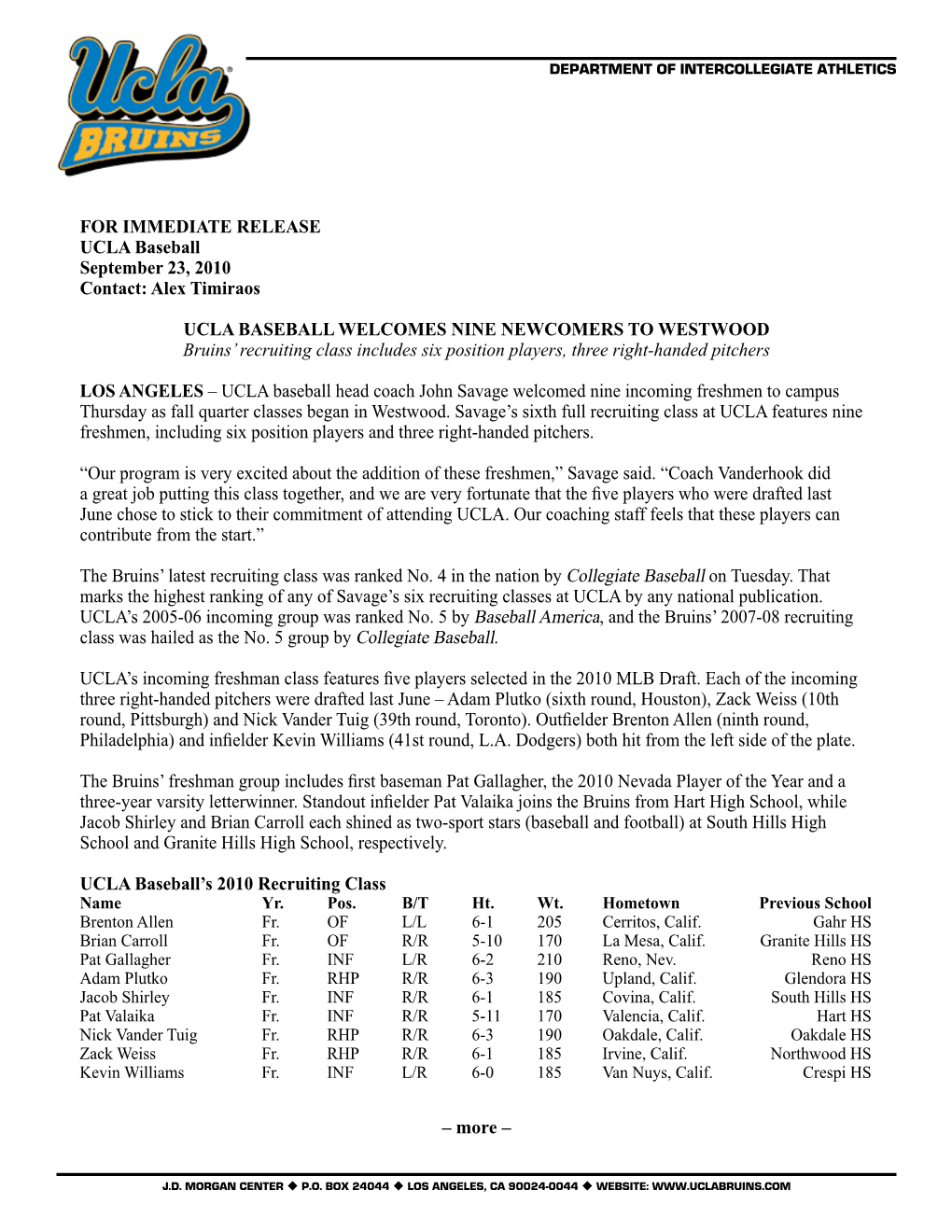 FOR IMMEDIATE RELEASE UCLA Baseball September 23, 2010 Contact: Alex Timiraos