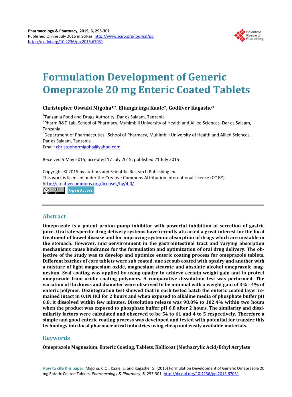 Formulation Development of Generic Omeprazole 20 Mg Enteric Coated Tablets