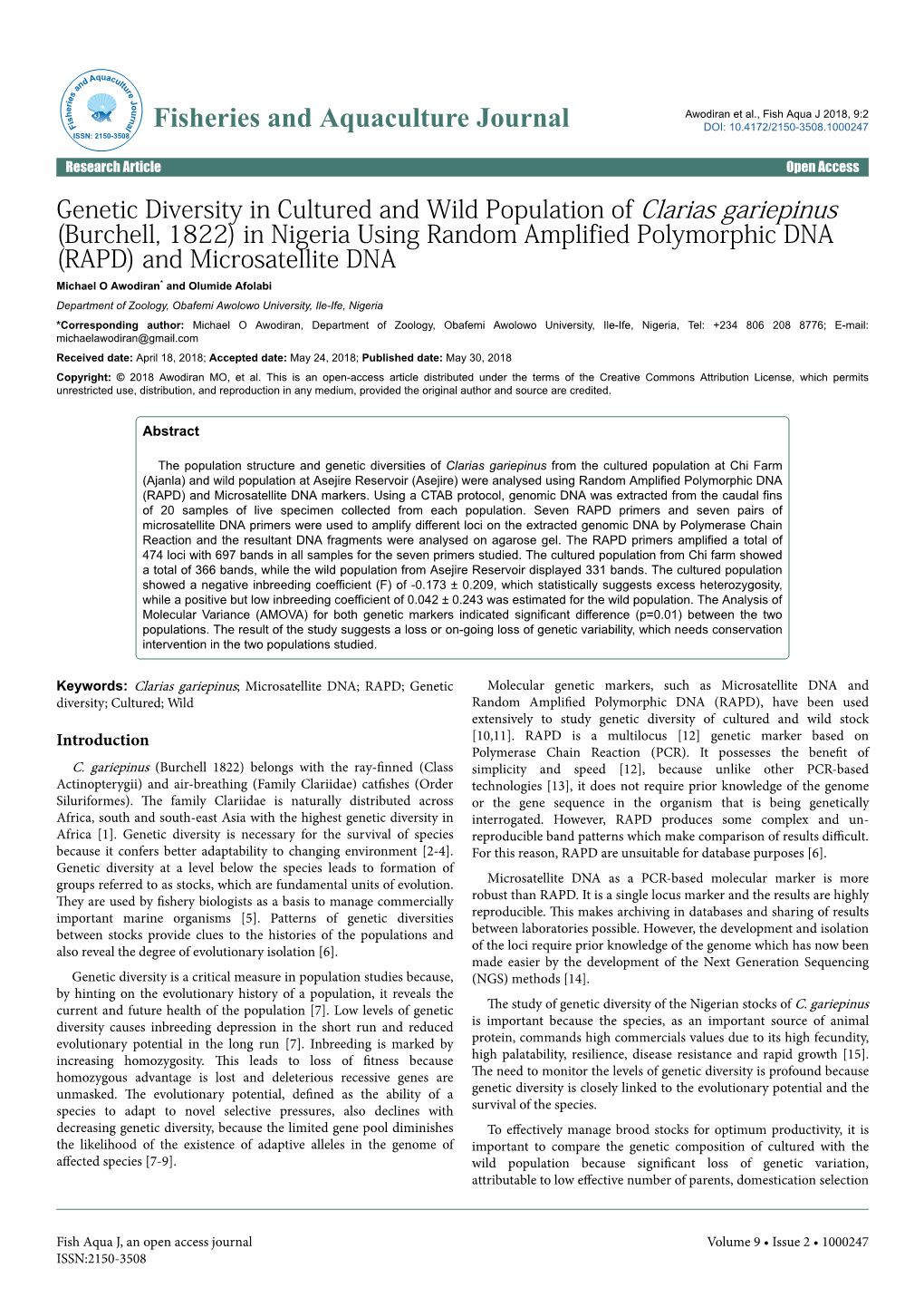 Genetic Diversity in Cultured and Wild Population of Clarias Gariepinus