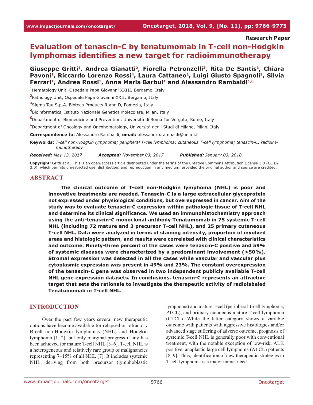 Evaluation of Tenascin-C by Tenatumomab in T-Cell Non-Hodgkin Lymphomas Identifies a New Target for Radioimmunotherapy