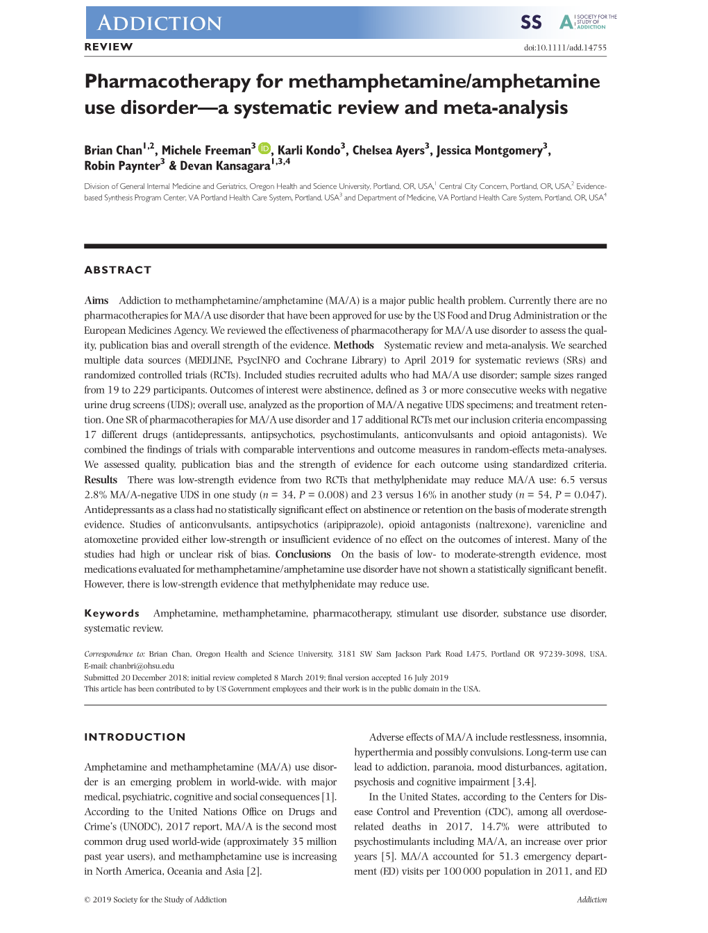 Pharmacotherapy for Methamphetamine/Amphetamine Use Disorder—A Systematic Review and Meta-Analysis