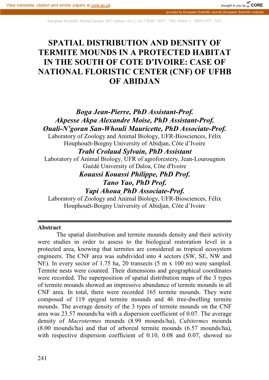 Spatial Distribution and Density of Termite Mounds in a Protected Habitat in the South of Cote D’Ivoire: Case of National Floristic Center (Cnf) of Ufhb of Abidjan