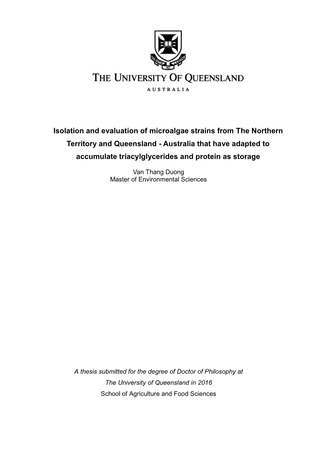 Isolation and Evaluation of Microalgae Strains from the Northern Territory